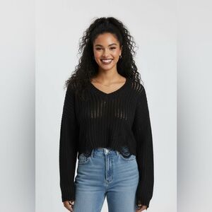 MIROH Black Distressed Knit Crop Sweater Women’s Size Small Shredded Grunge Top